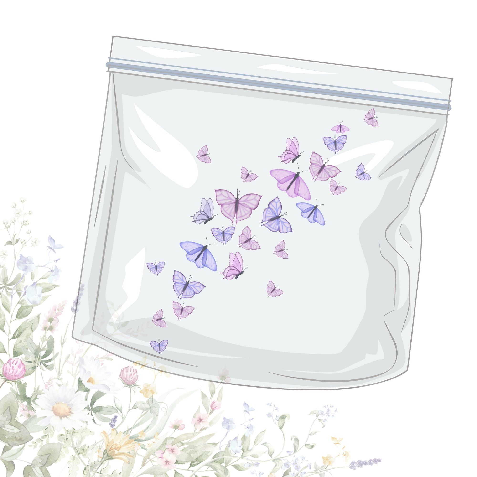 Watercolor illustration of a clear hygienic zip-lock bag filled with purple butterflies, surrounded by delicate meadow flowers.
